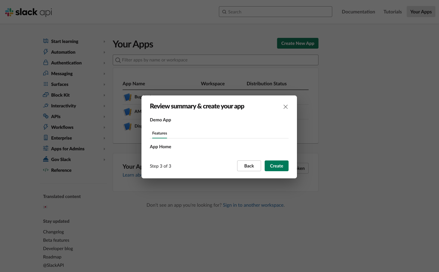 Review and Create App - Slack API